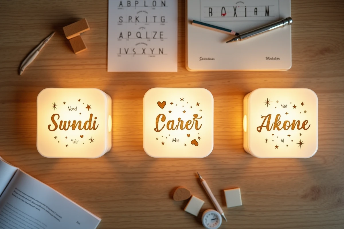 Vue à plat de trois veilleuses personnalisées avec des prénoms gravés dans différents styles typographiques, posées sur une table en bois avec des accessoires de création