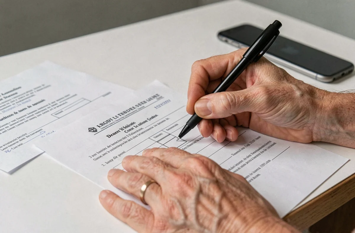 Mains remplissant un formulaire administratif pour déclarer un décès auprès de la CPAM