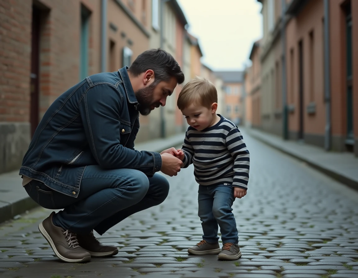 Reportage photo famille d'un père et son fils dans une rue pavée du Nord de la France lors d'une séance documentaire