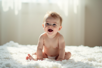 Bébé souriant assis sur un drap blanc lumineux