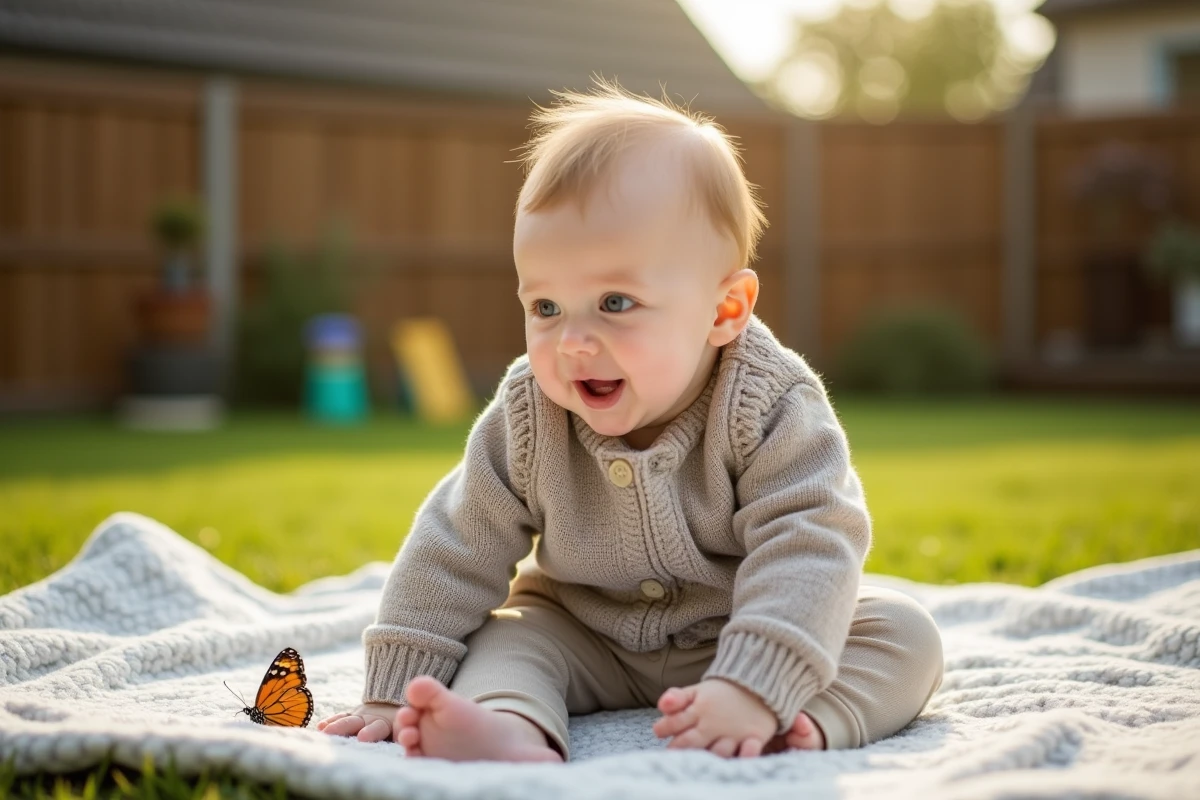 Bebe garcon assis sur une couverture dans le jardin ensoleille