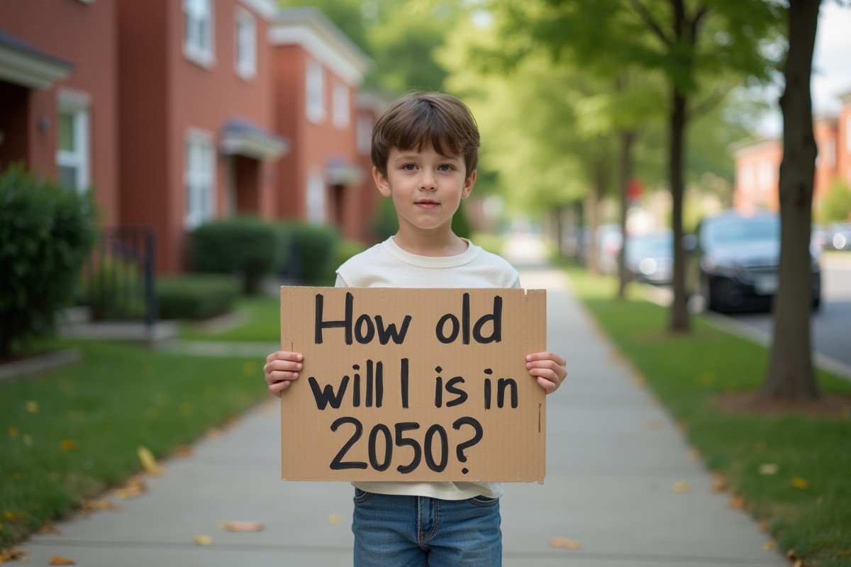 Jeune garçon avec panneau question dans une rue résidentielle