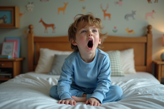 Garçon endormi en pyjama bleu sur le lit