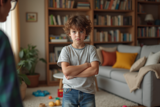 Garçon de 9 ans au visage fâché dans un salon familial