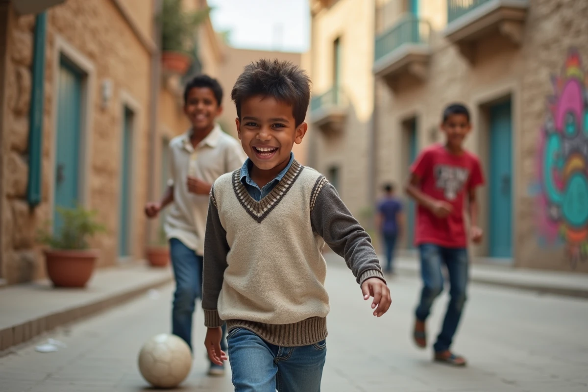 Jeune garçon nord-africain jouant au soccer dans une cour urbaine