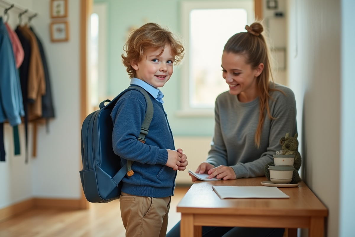 Garçon de six ans préparant son sac à dos dans une entrée lumineuse