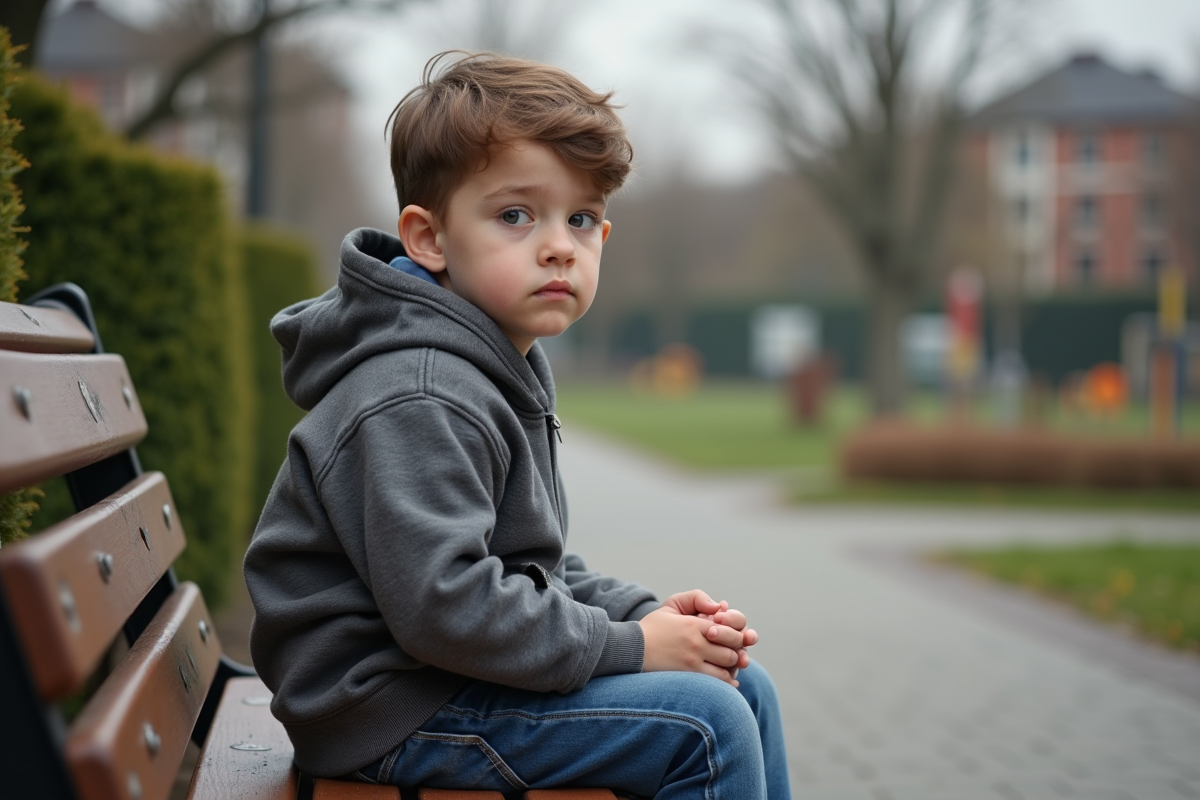 Jeune garçon assis seul dans un parc urbain français
