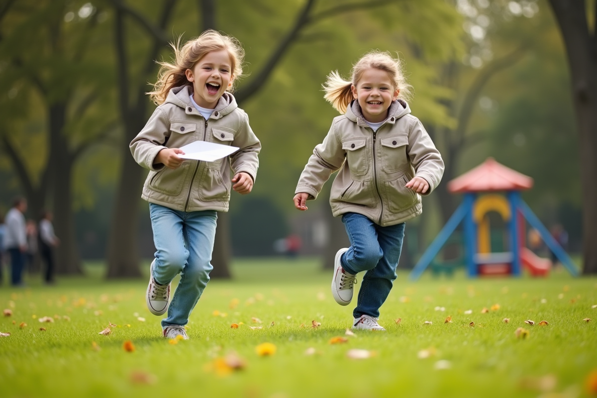 Garçon et fille courant avec avions en papier dans un parc
