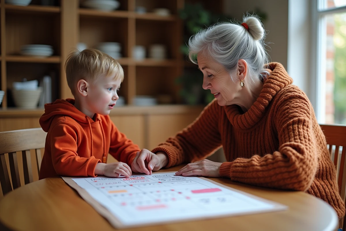Grand-mère expliquant à son petit-enfant de maternelle les jours d'absence pour voyage à l'aide d'un calendrier dessiné à la main