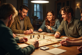 Groupe d'amis jouant à un jeu de detective autour d'une table