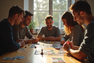 Groupe d'amis jouant à un jeu de société lumineux