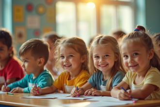 Enfants dans une classe ensoleillee portant des etiquettes avec noms G