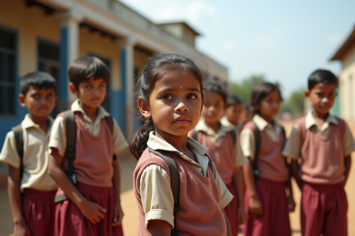 Groupe d enfants indiens en uniforme devant une école rurale