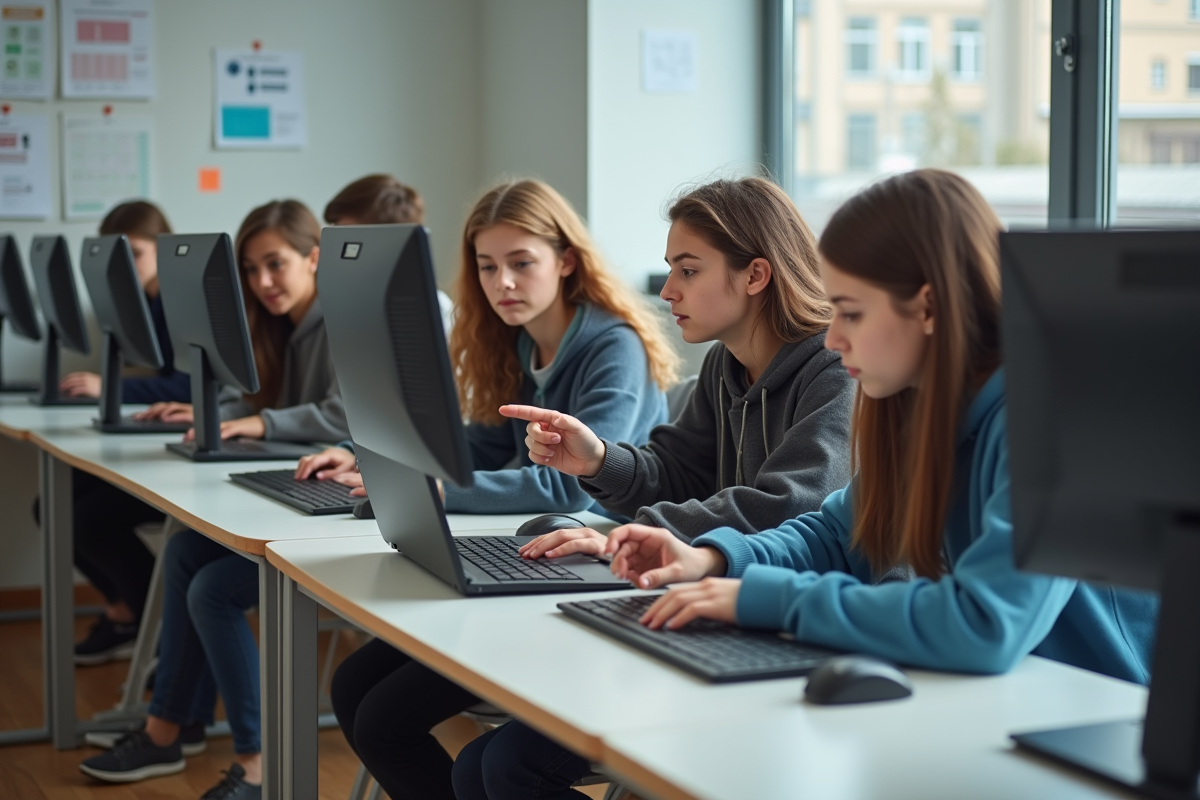 Groupe de lycéens en classe moderne utilisant des ordinateurs