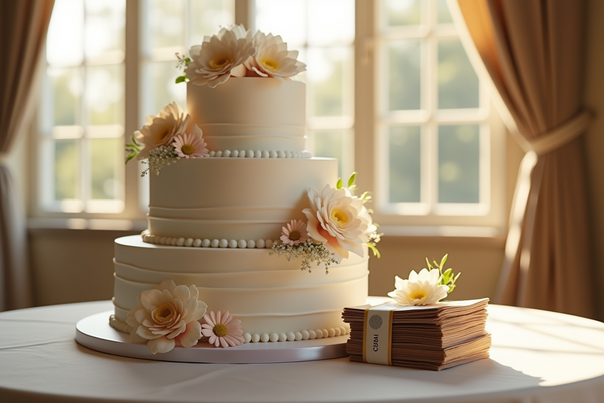 Gâteau de mariage décoré avec des billets d