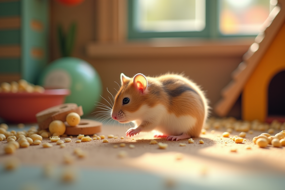 Hamster russe explorant une cage colorée avec jouets et nourriture