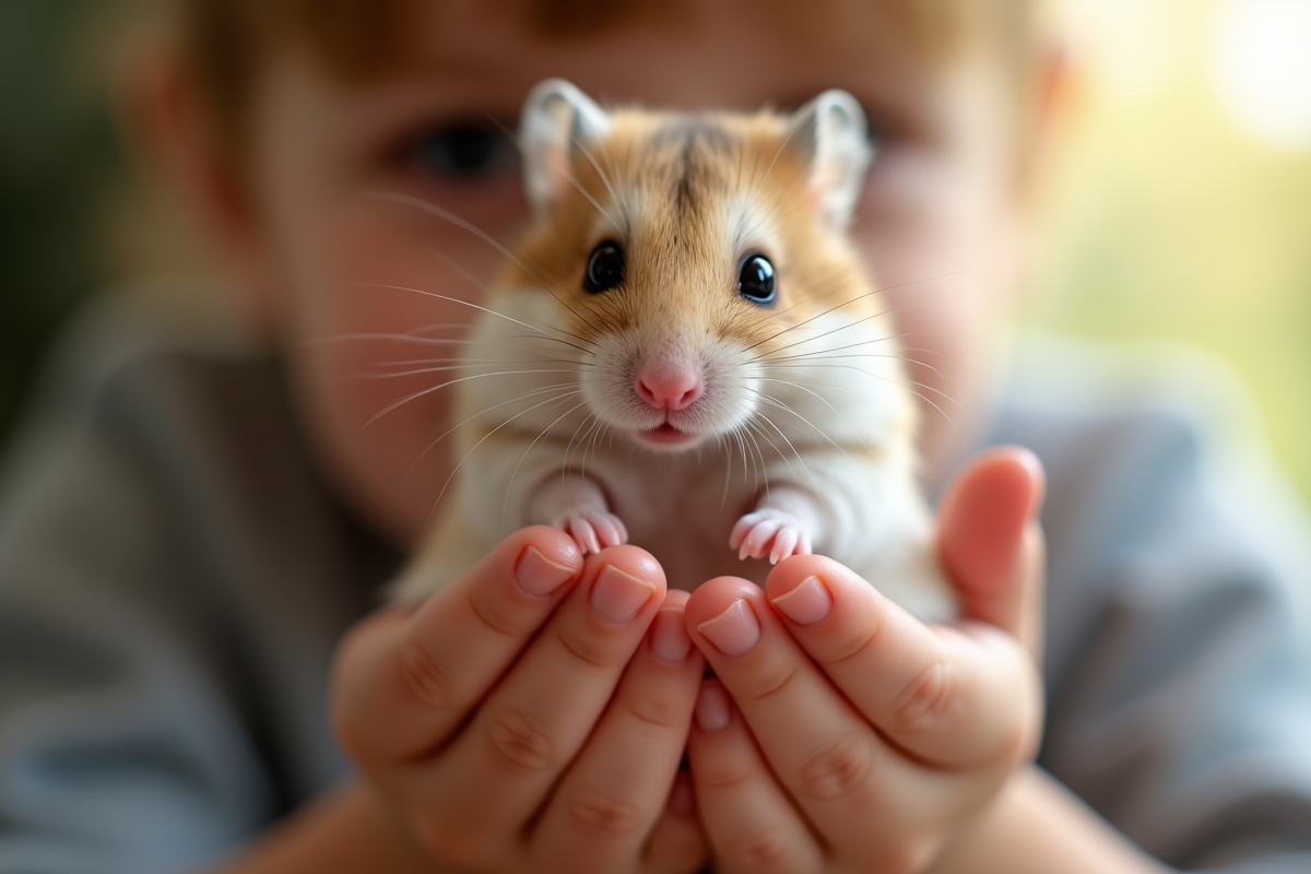 Petit hamster russe dans les mains d'un enfant dans un intérieur chaleureux