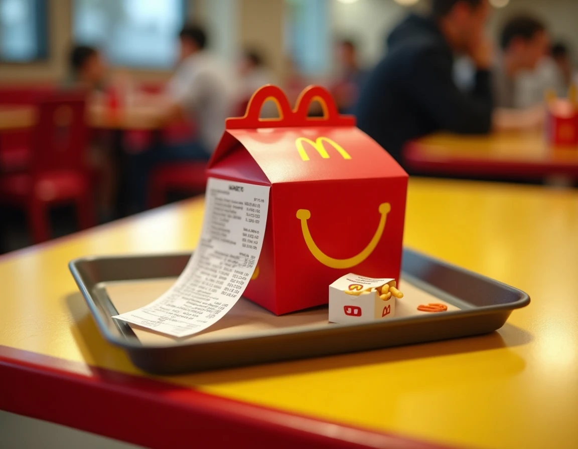 Happy Meal McDonald's avec ticket de caisse sur un plateau, illustrant les prix et le budget pour un repas enfant en 2026