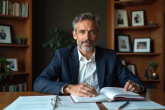 Homme méditerranéen en bureau avec dossiers et livres