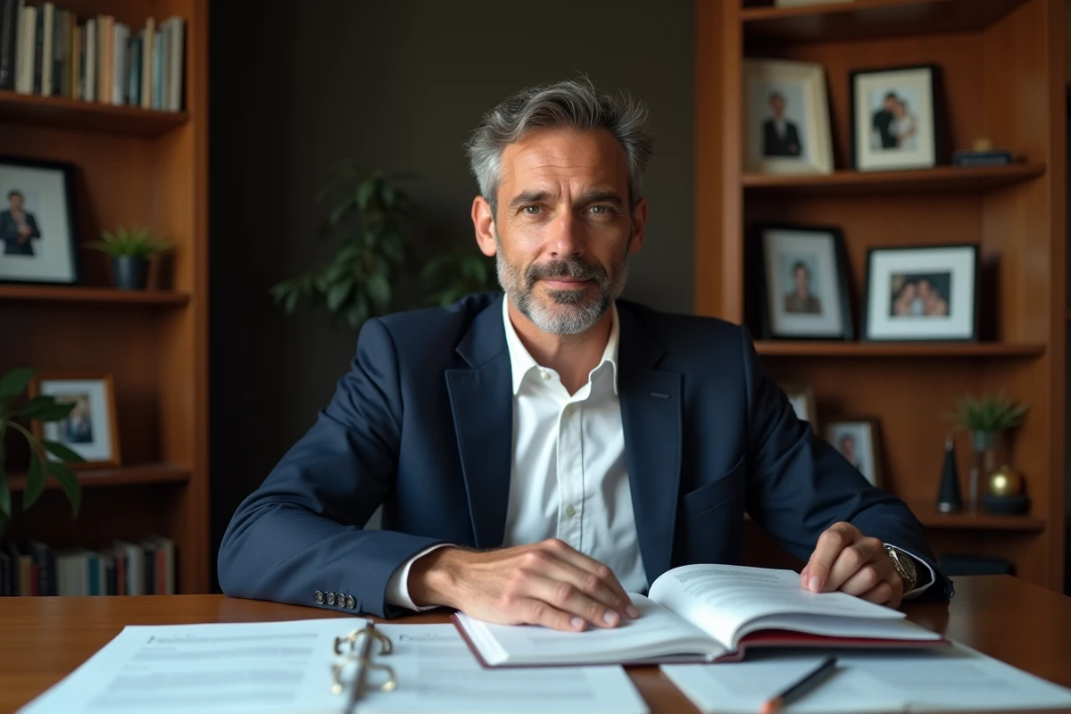 Homme méditerranéen en bureau avec dossiers et livres