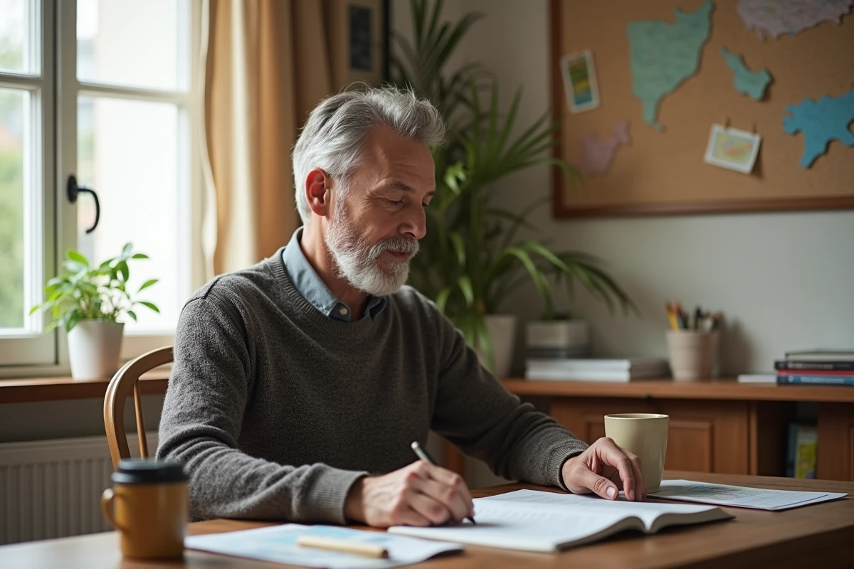 Homme d'une quarantaine d'années travaillant à son bureau à domicile entouré de cartes et livres de voyage, ambiance chaleureuse et personnelle