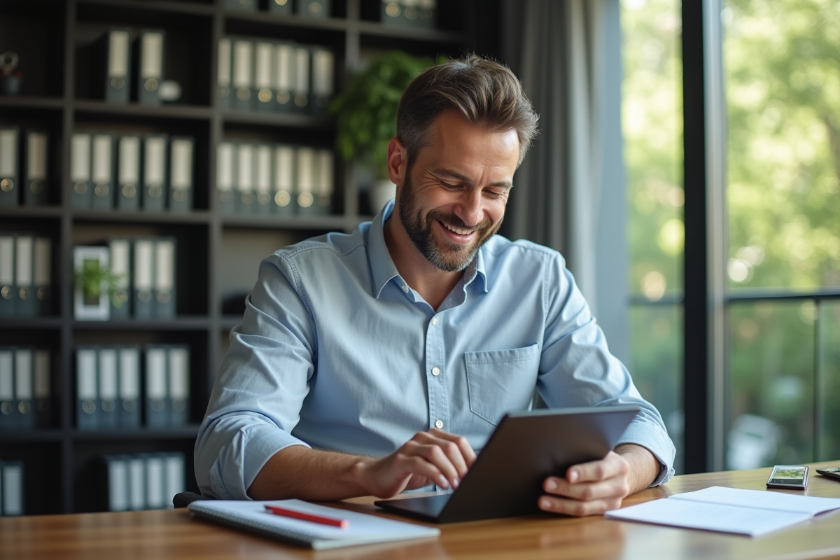 Homme vérifiant sa liste de tâches sur une tablette dans un bureau