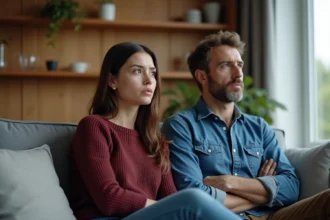 Couple sur un canapé illustrant la dynamique entre l'homme évitant et la femme anxieuse dans une relation de couple