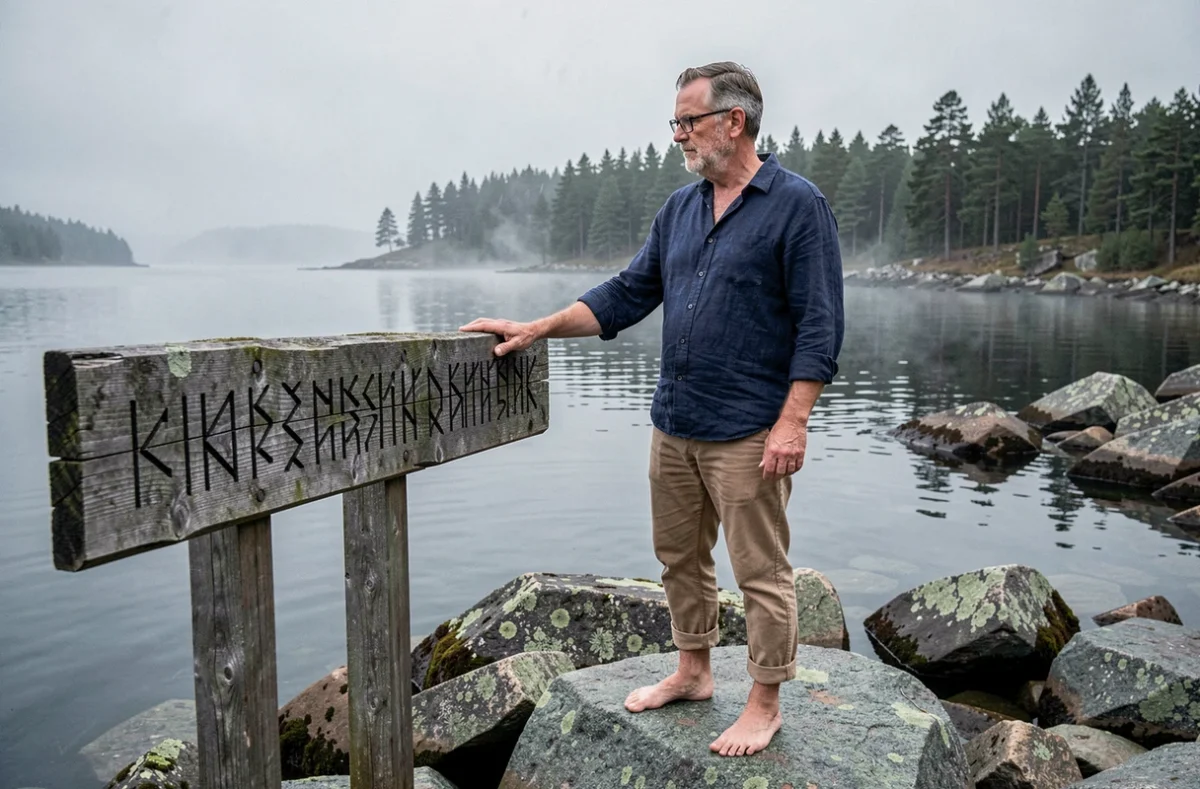 Homme scandinave contemplant un panneau en bois gravé de lettres runiques au bord d'un fjord nordique