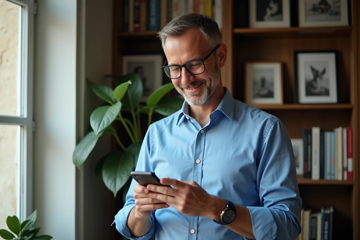 Homme lisant un message sur son smartphone dans un bureau cosy