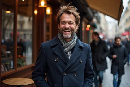 Homme français souriant devant un café parisien vintage