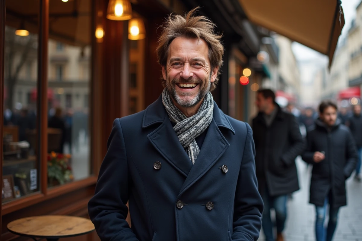 Homme français souriant devant un café parisien vintage