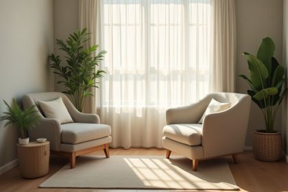Séance d'hypnose avec un praticien et un client détendu dans un cadre apaisant