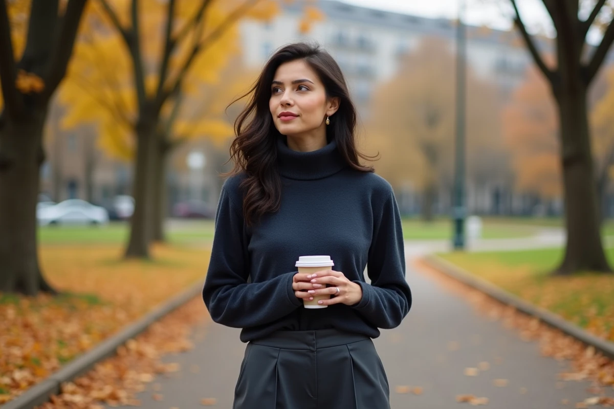 Femme se promenant dans un parc urbain en automne, symbolisant l'influence de la vie personnelle sur le parcours professionnel