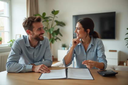Jeune couple marié discutant finances dans un salon moderne