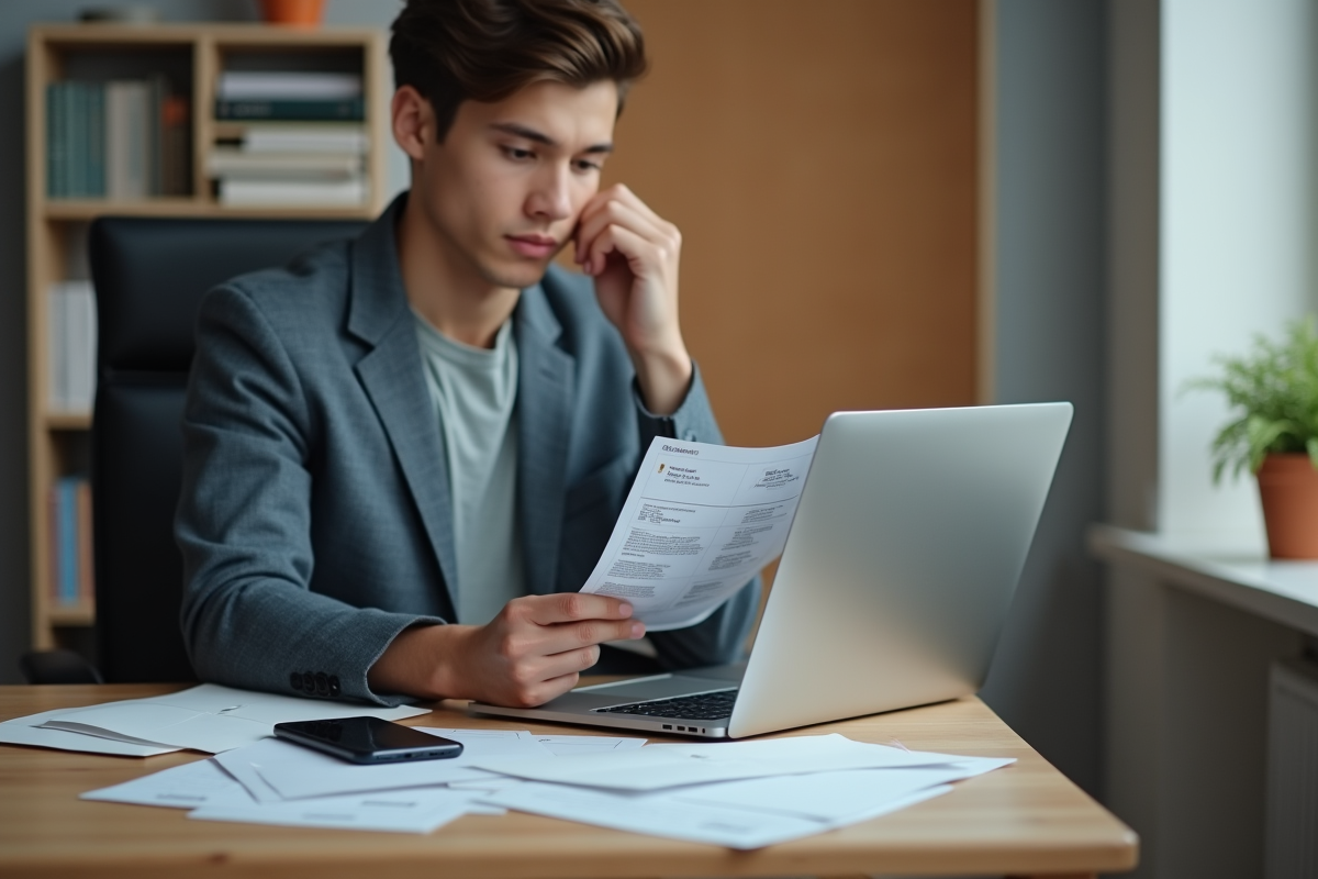 Jeune adulte étudiant ses relevés bancaires dans un appartement