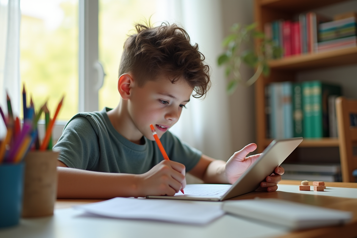 Jeune étudiant utilisant une tablette pour ses devoirs à la maison