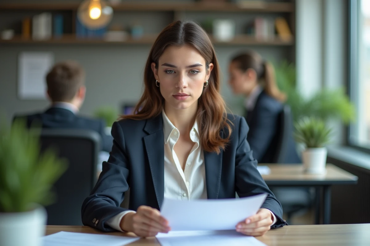 Jeune femme professionnelle pensant à un document