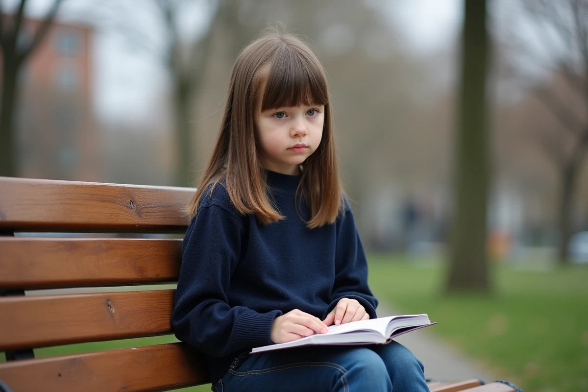 Jeune fille assise sur un banc dans un parc urbain en printemps