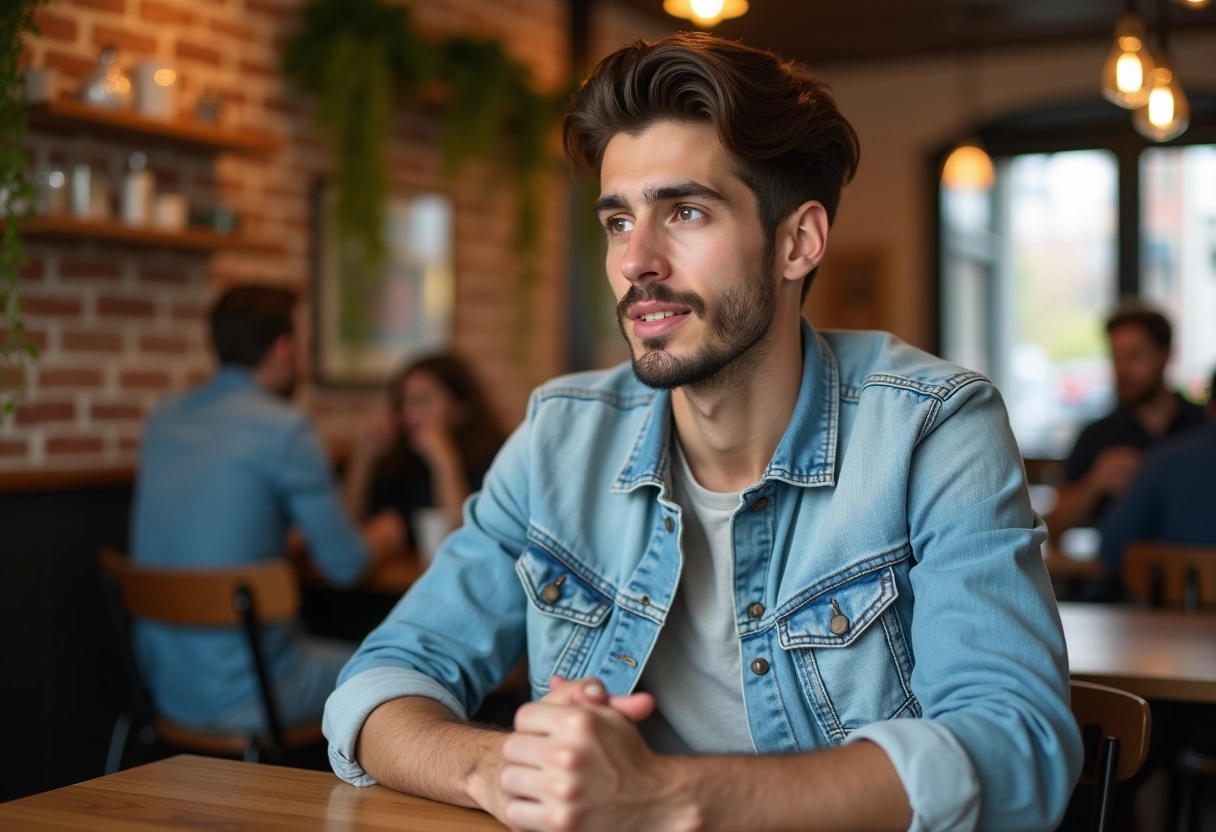 Jeune homme au café en denim et tshirt dans un cadre urbain