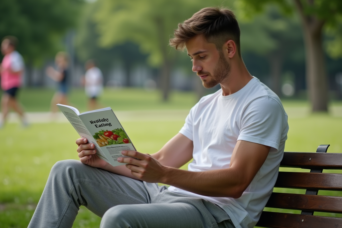 Jeune homme lisant une brochure sur une aire de parc en ville