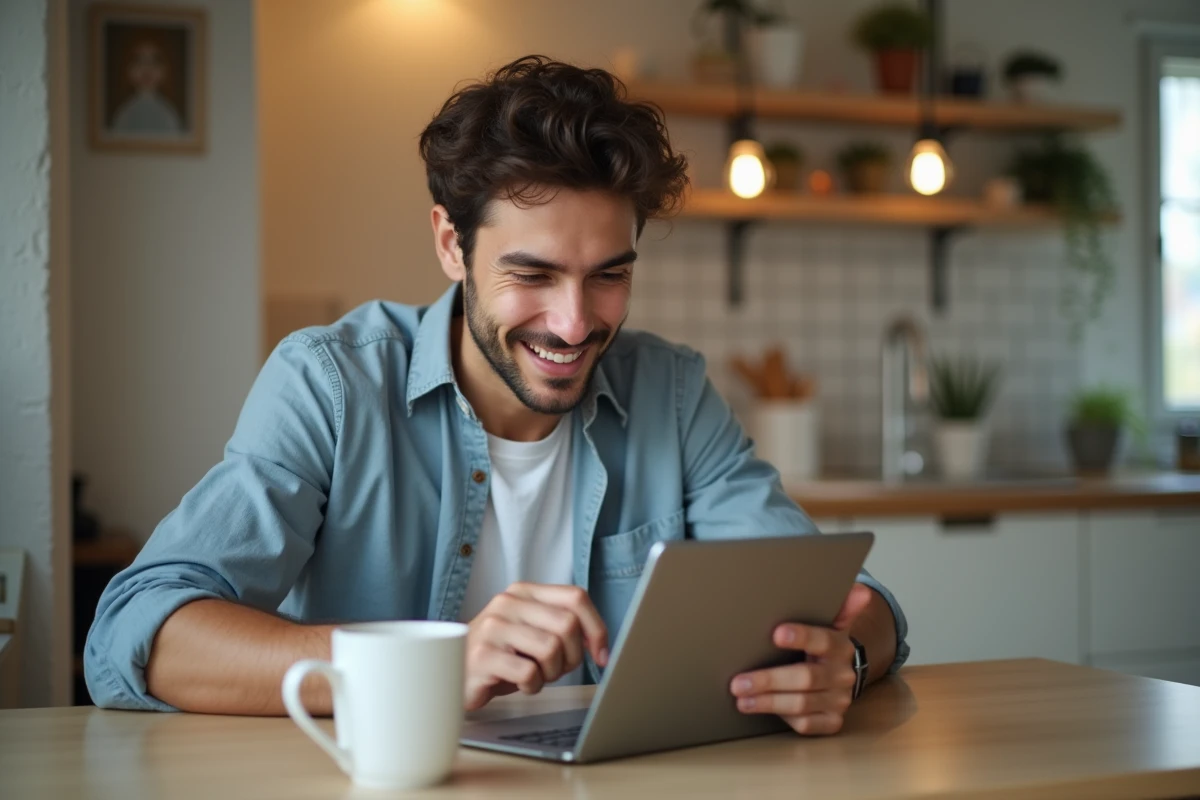Jeune homme utilisant une tablette dans la cuisine
