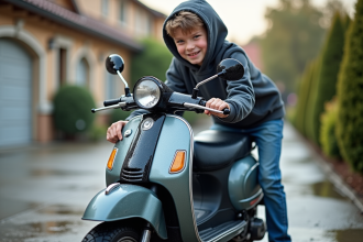 Jeune garçon de 14 ans nettoyant son moped en lavage à la main