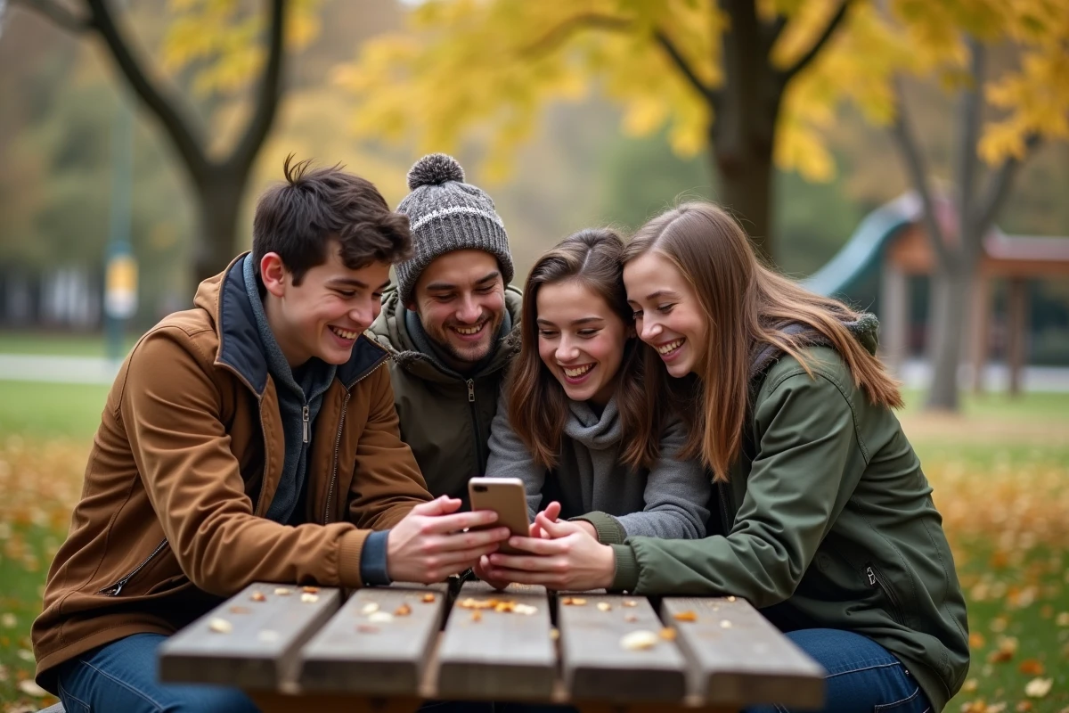 Jeunes amis assis au parc en automne avec smartphone