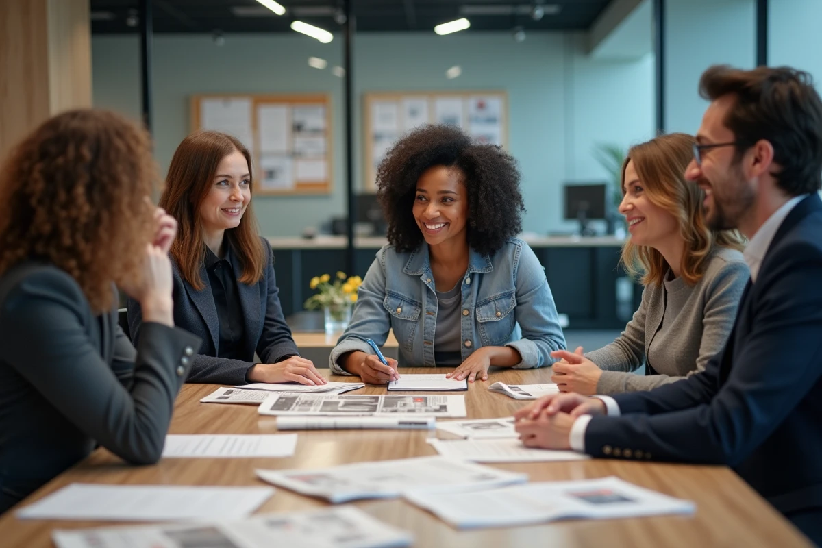 Groupe de journalistes en discussion dans une salle de presse