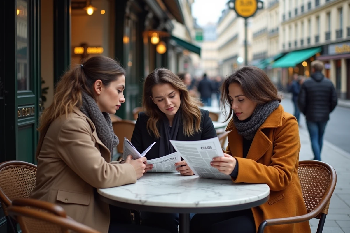 Journalistes discutant de rumeurs médiatiques autour d'une table de café parisienne avec des journaux et une tablette numérique