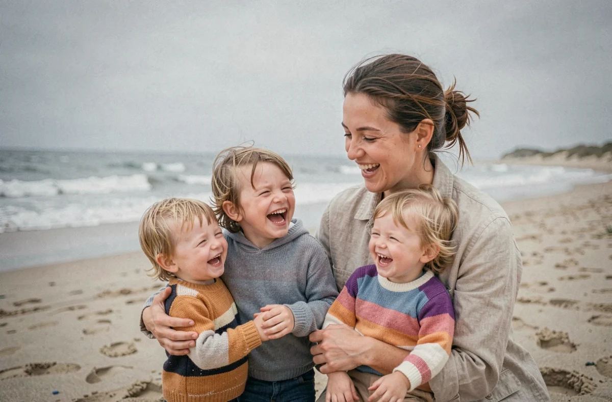Séance photo lifestyle d'une famille sur la plage de Dunkerque avec deux jeunes enfants riant au bord de la mer