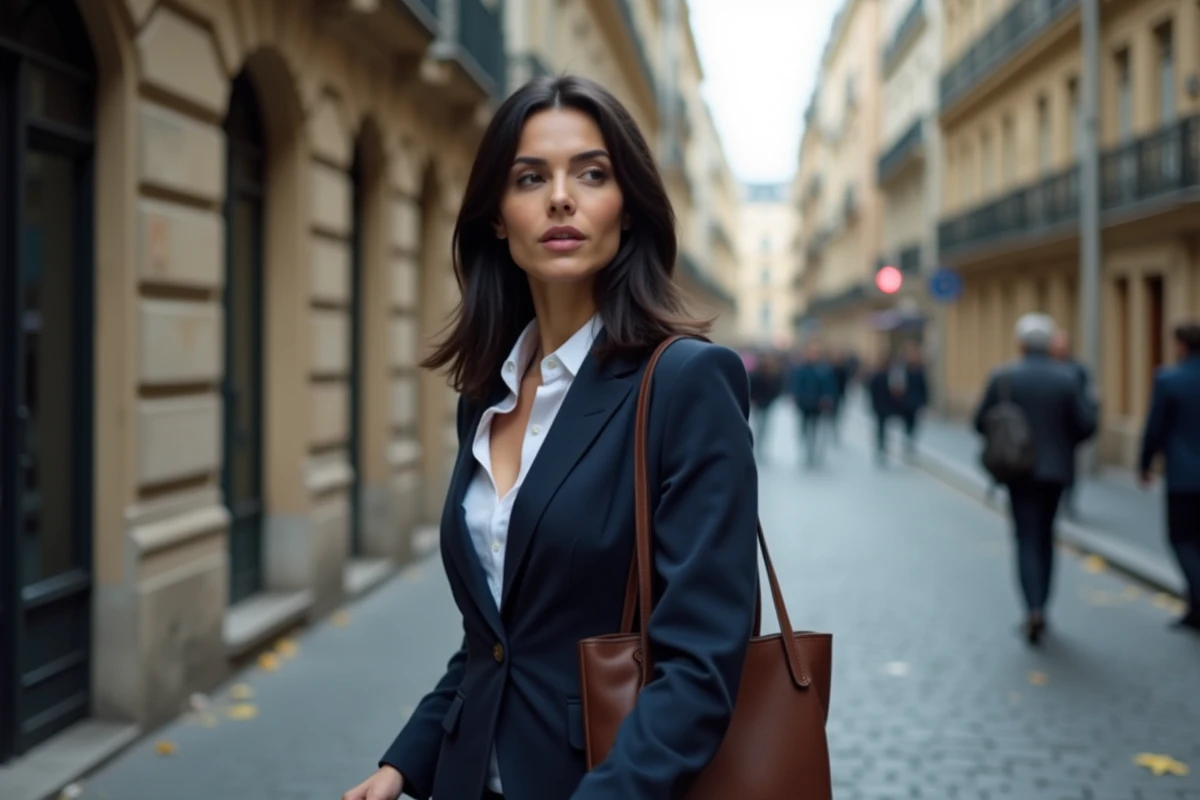 Femme élégante marchant seule sur un trottoir pavé parisien, évoquant la discrétion et l'anonymat de la vie personnelle hors médias
