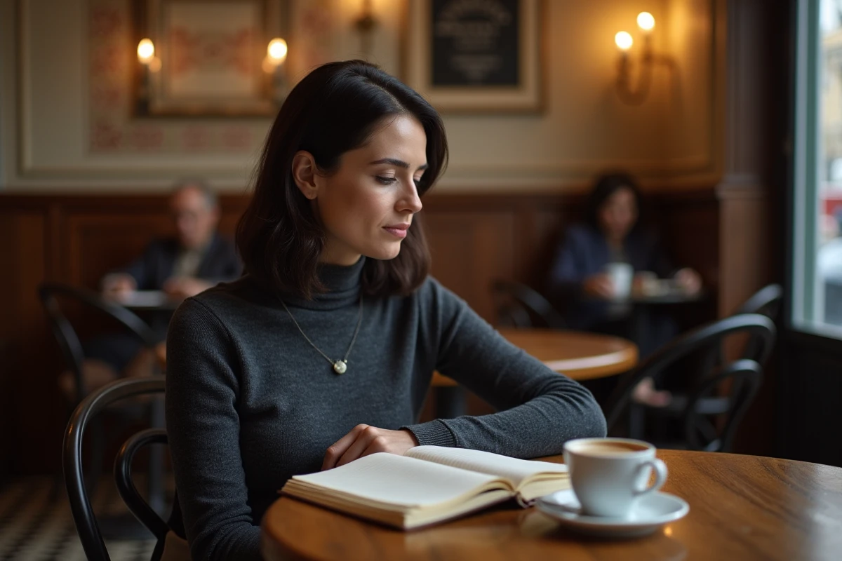 Femme seule dans un café parisien avec un carnet ouvert, symbolisant l'intimité préservée loin des projecteurs médiatiques