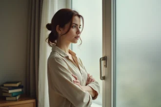 Femme brune introspective près d'une fenêtre en verre dépoli dans un appartement minimaliste, illustrant la discrétion de la vie privée