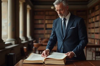 Juriste en costume bleu dans une bibliothèque de droit